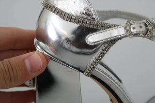 Silver Crystals T-strap Sandals Leather Shoes