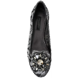 Mocasines grises con encaje negro y cristales estilo ballet