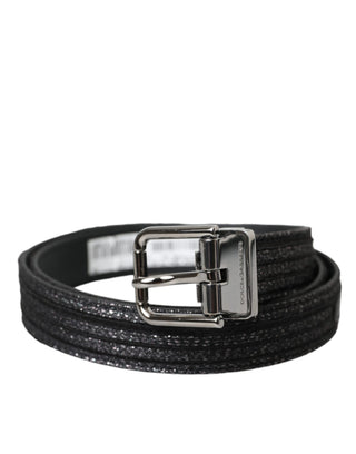 Cinturón de rayas jacquard negro con hebilla de metal plateado