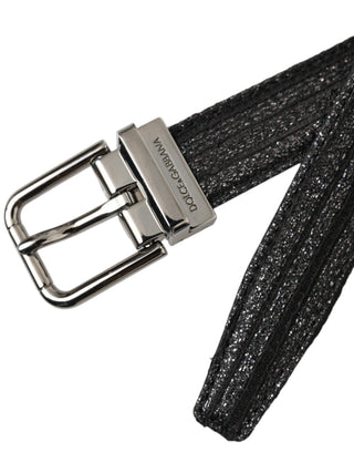 Cinturón de rayas jacquard negro con hebilla de metal plateado
