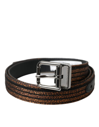 Cinturón de rayas jacquard dorado con hebilla de metal plateado