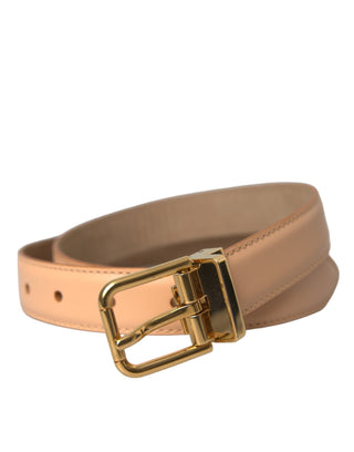 Cinturón de cuero de becerro beige con hebilla de metal dorado
