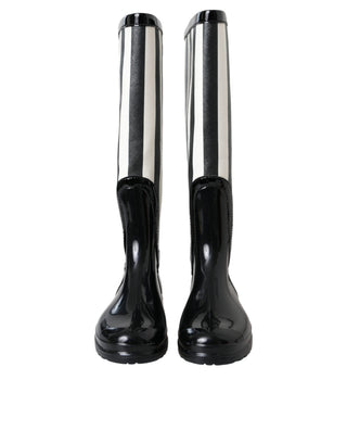 Schwarze kniehohe flache Gummistiefel Schuhe