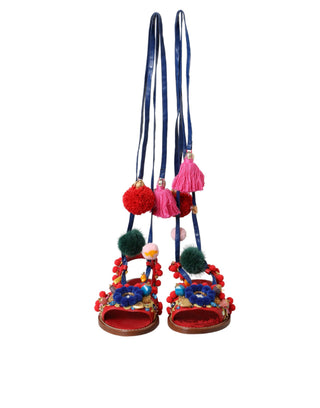 Mehrfarbige Pom-Pom-Sandalen mit Fell