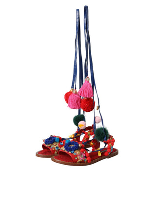 Mehrfarbige Pom-Pom-Sandalen mit Fell