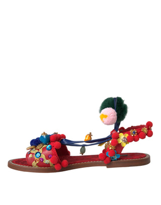 Mehrfarbige Pom-Pom-Sandalen mit Fell
