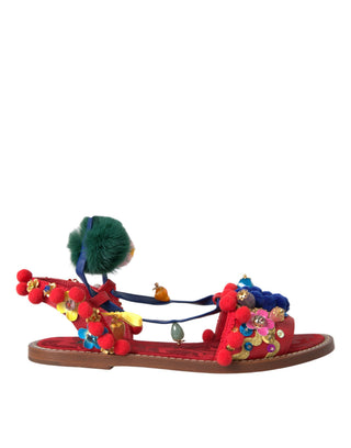 Mehrfarbige Pom-Pom-Sandalen mit Fell