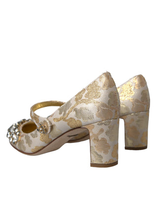 Zapatos de salón Mary Janes con cristales y jacquard dorado