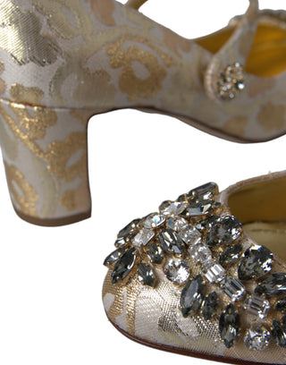Zapatos de salón Mary Janes con cristales y jacquard dorado