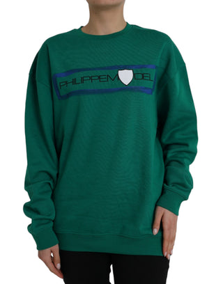 Grüner Baumwoll-Pullover mit Logo-Print und langen Ärmeln