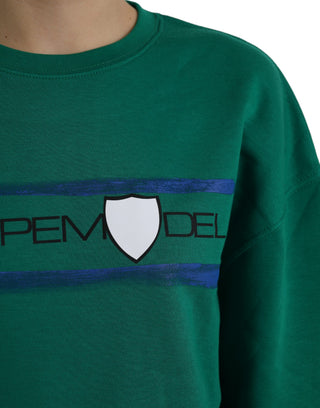 Grüner Baumwoll-Pullover mit Logo-Print und langen Ärmeln