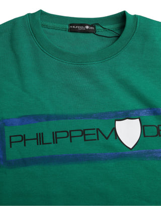 Grüner Baumwoll-Pullover mit Logo-Print und langen Ärmeln