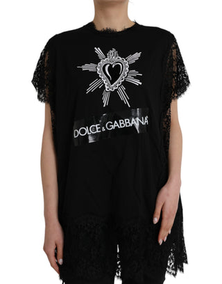 T-Shirt aus Baumwolle mit schwarzem Heiligem Herz Print und Spitze