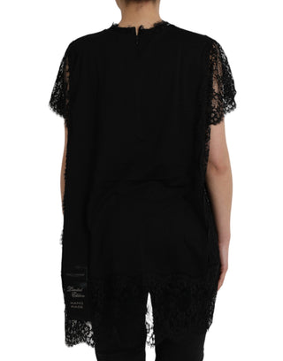 T-Shirt aus Baumwolle mit schwarzem Heiligem Herz Print und Spitze