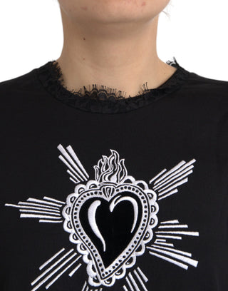 T-Shirt aus Baumwolle mit schwarzem Heiligem Herz Print und Spitze