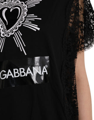 T-Shirt aus Baumwolle mit schwarzem Heiligem Herz Print und Spitze