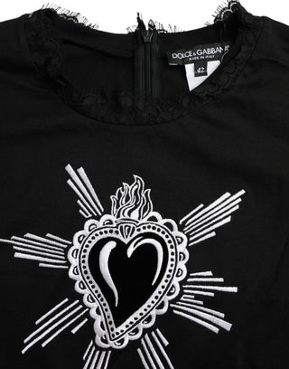 T-Shirt aus Baumwolle mit schwarzem Heiligem Herz Print und Spitze