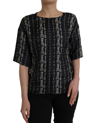 Blusa de seda negra con estampado Key Castle tipo camiseta