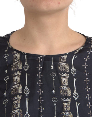 Blusa de seda negra con estampado Key Castle tipo camiseta