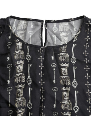 Blusa de seda negra con estampado Key Castle tipo camiseta