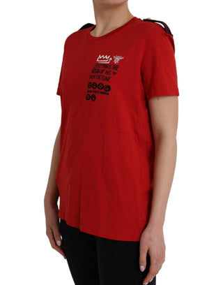 Camiseta roja de algodón con estampado gráfico y cuello redondo