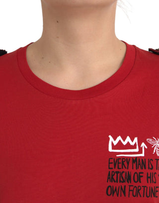 Camiseta roja de algodón con estampado gráfico y cuello redondo