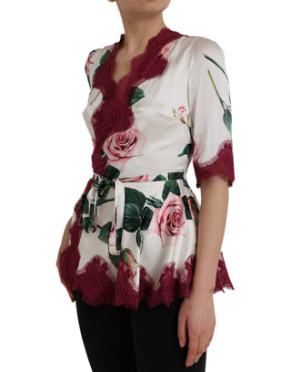 Top blanco de seda con encaje floral y mangas cortas