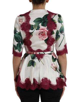Top blanco de seda con encaje floral y mangas cortas