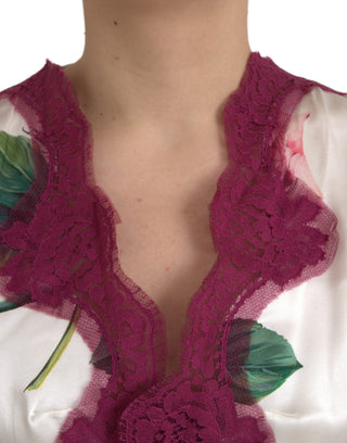 Top blanco de seda con encaje floral y mangas cortas