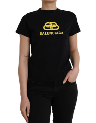 Camiseta negra de algodón con logo, cuello redondo y mangas cortas