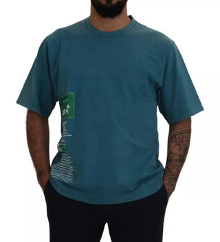 Camiseta azul de algodón con logo estampado y cuello redondo tipo tee