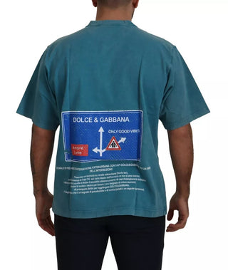 Camiseta azul de algodón con logo estampado y cuello redondo tipo tee