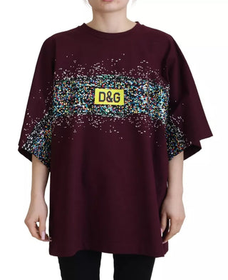 Camiseta burdeos de algodón con estampado D&G y cuello redondo
