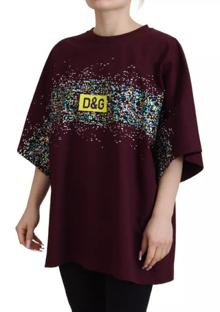 Camiseta burdeos de algodón con estampado D&G y cuello redondo