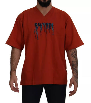 Camiseta roja de algodón con bordado de logo y cuello redondo