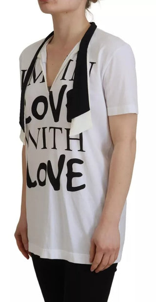 Weißes T-Shirt mit Aufdruck und Ascot-Kragen