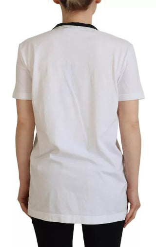 Weißes T-Shirt mit Aufdruck und Ascot-Kragen