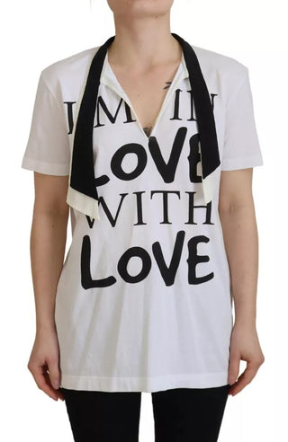 Weißes T-Shirt mit Aufdruck und Ascot-Kragen