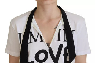 Weißes T-Shirt mit Aufdruck und Ascot-Kragen