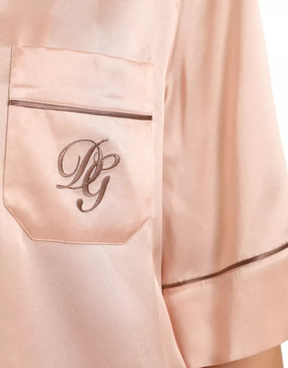 Pink Silk Long Sleeves Logo Pajama Blouse Top