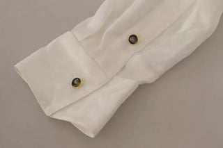 White Patterned Silk Ascot Collar Blouse Top