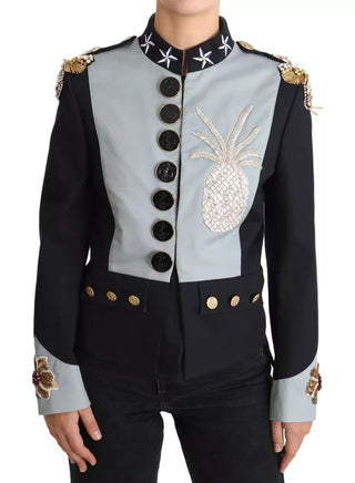 Chaqueta de algodón azul con botones y cristales