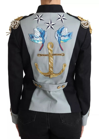 Chaqueta de algodón azul con botones y cristales
