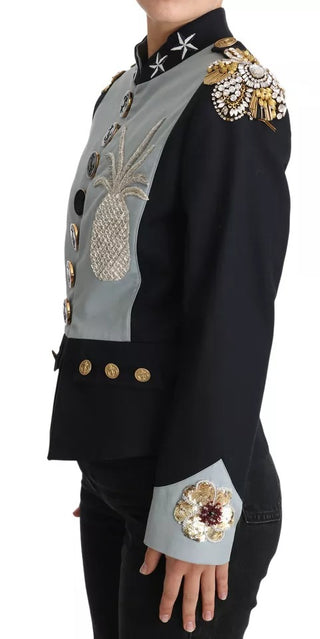 Chaqueta de algodón azul con botones y cristales