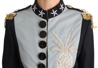 Blue Button Crystal Embellished Cotton Jacket