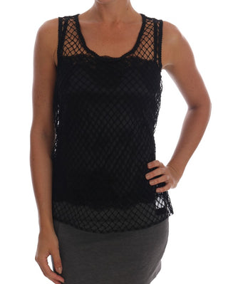 Schwarzes Seiden-Mesh-Spitzentop mit Blumenmuster