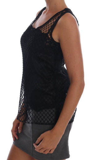 Schwarzes Seiden-Mesh-Spitzentop mit Blumenmuster
