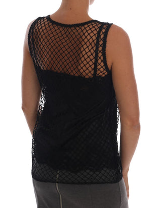 Schwarzes Seiden-Mesh-Spitzentop mit Blumenmuster