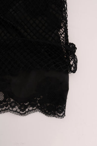 Schwarzes Seiden-Mesh-Spitzentop mit Blumenmuster