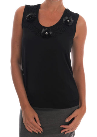 Top de tanque de cristal floral de algodón negro